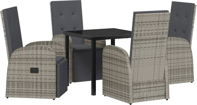 vidaXL Garten Essgruppe aus Poly-Rattan in Grau mit 5-teiligem Set, Glasplatte und Kissen - Bild 1