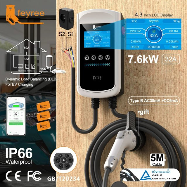 Feyree GB/T EV-Ladegerät 7,6 kW 32A Wallbox mit dynamischer Lastverteilung, 4,3-Zoll-LCD, WLAN-App und Ladestandortverzeichnung in Weiß - Bild 1