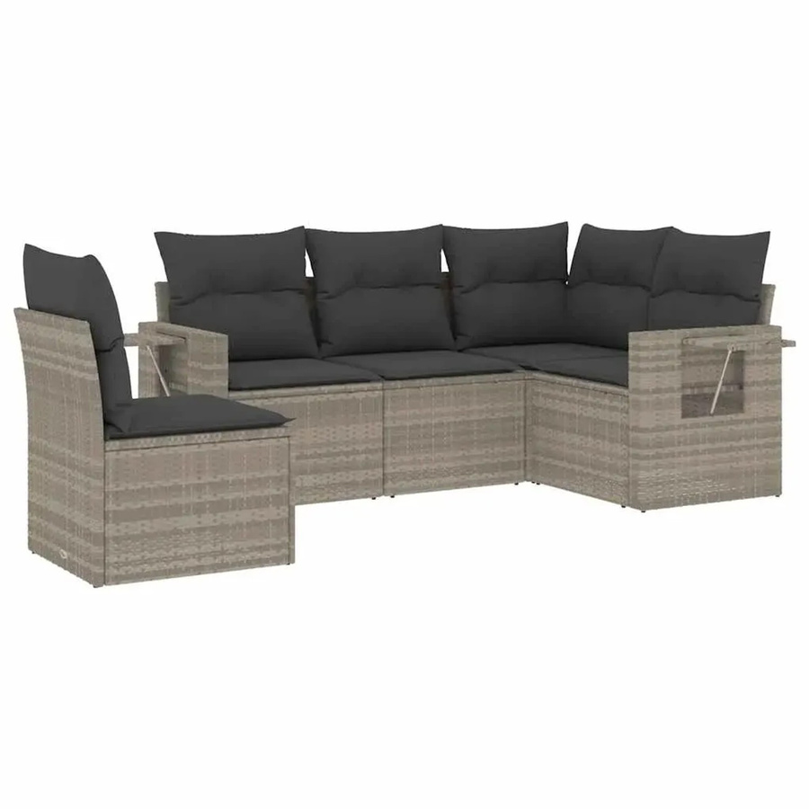 vidaXL 5-teilige Garten-Sofagarnitur in L-Form aus Polyrattan in Hellgrau mit Kissen und Metallrahmen - Bild 2