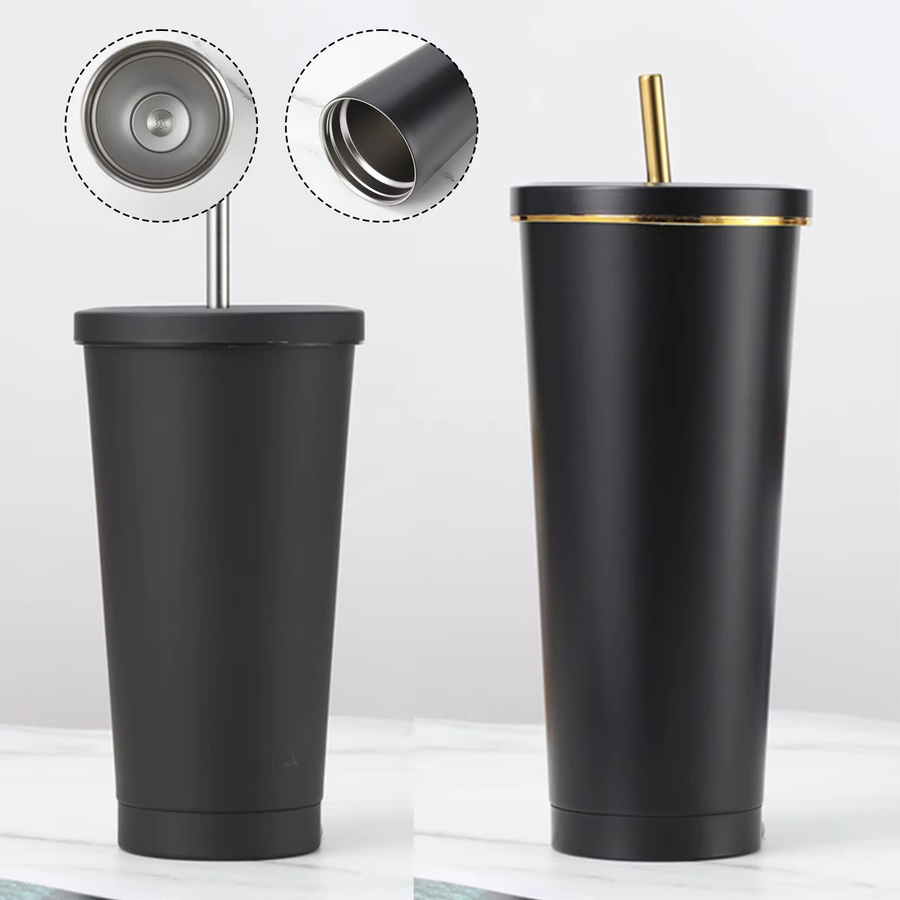 Doppelwandiges Edelstahl-Tassen-Set mit Strohhalmen für Kaffee und Getränke in Gold und Schwarz - Bild 2