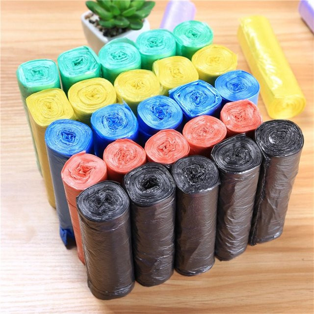 5 Rollen Einweg Müllsäcke für den Haushalt, verstärkt, B: 45 cm, H: 50 cm, Farben: Lila und Mehrfarbig - Bild 1