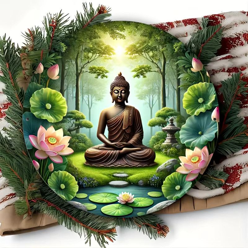 Potdemiel Vintage Buddha Meditation Metallwandkunst mit Lotusblumen in Grün, B/H: 20,32 x 20,32 cm - Bild 3