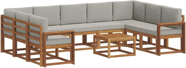 vidaXL Outdoor-Sofagarnitur 10-teilig aus massivem Akazienholz mit Kissen in Natur und Hellgrau - Bild 1