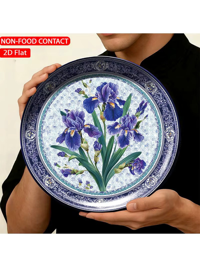 FORJN Keramik-Dekorplatte mit blauem Iris-Blumenmuster, runde Wandplatte, Durchmesser: 20 cm - Bild 7