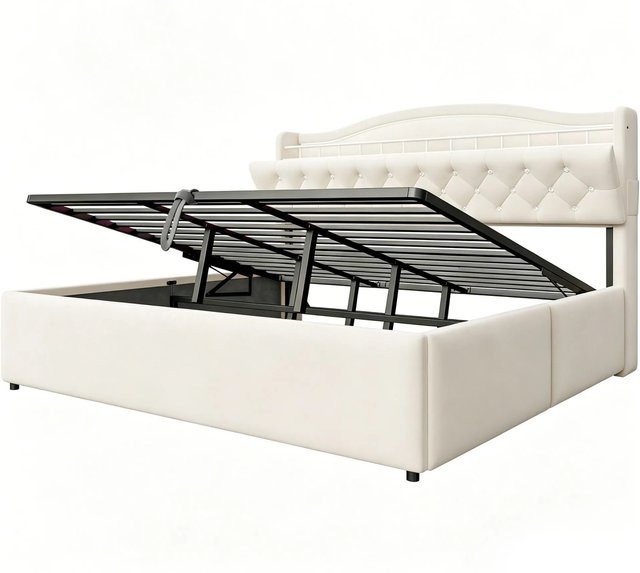 Merax Polsterbett mit USB-Anschluss, LED-Beleuchtung und Bettkasten in Beige, B/T/H: 180 x 200 x 117 cm - Bild 1