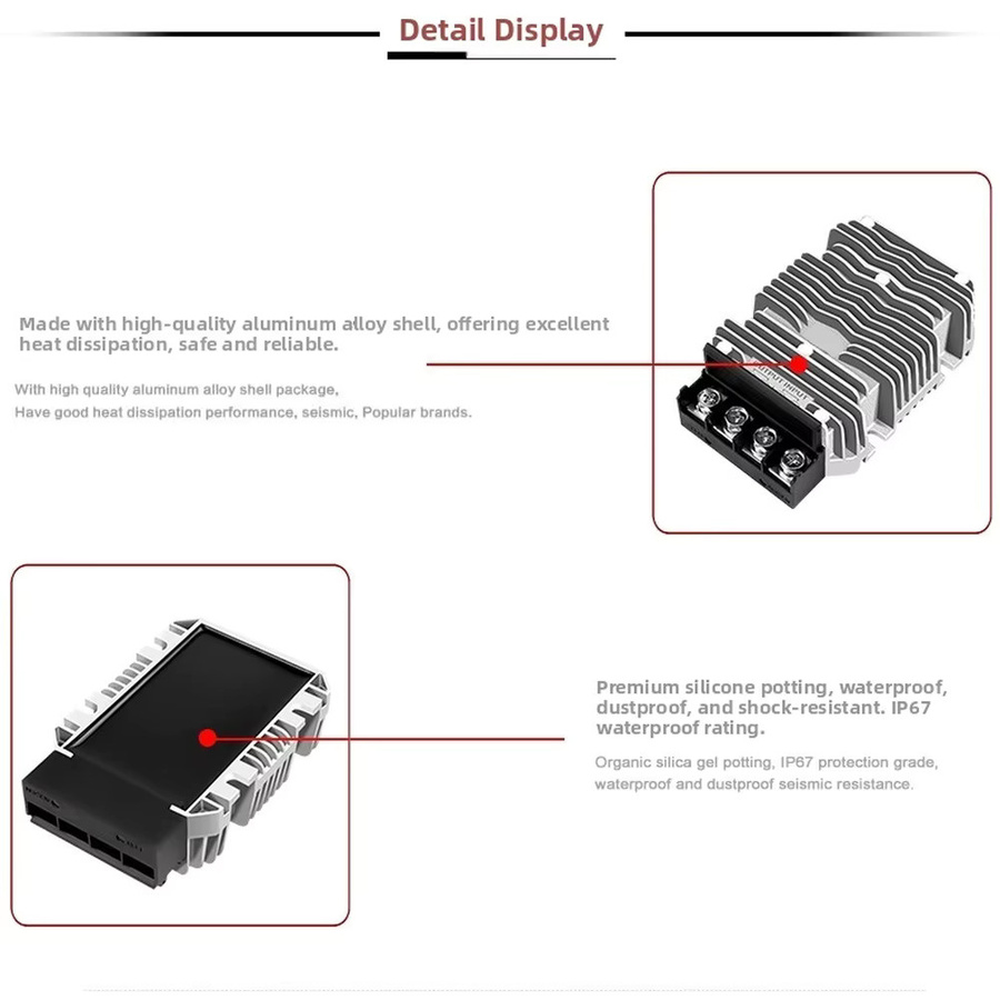 DAZZLEEX DC-DC-Wandler 48V zu 12V 60A 720W mit IP67-Gehäuse und Aluminium-Wärmeableitung in Silber - Bild 3