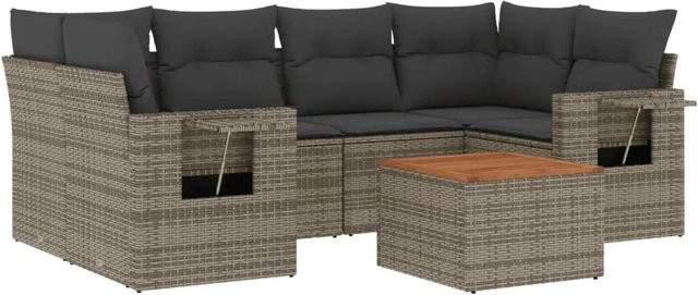 vidaXL 7-teilige Garten-Sofagarnitur in U-Form aus grauem Poly-Rattan mit Kissen und pulverbeschichtetem Stahlgestell - Bild 1