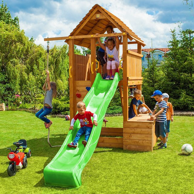 Fungoo Spielturm Fortress Toybox aus Holz in Teak mit Rutsche, Toybox, Holzdach, Leiter, Steuerrad und Kletterwand - Bild 4