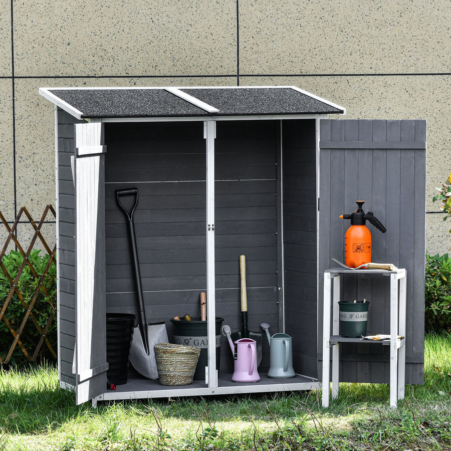 Outsunny Geräteschuppen Gartenschrank aus Tannenholz mit 2 Türen und Asphaltdach, Grau-Weiß, B: 139 cm, T: 75 cm, H: 160 cm - Bild 2