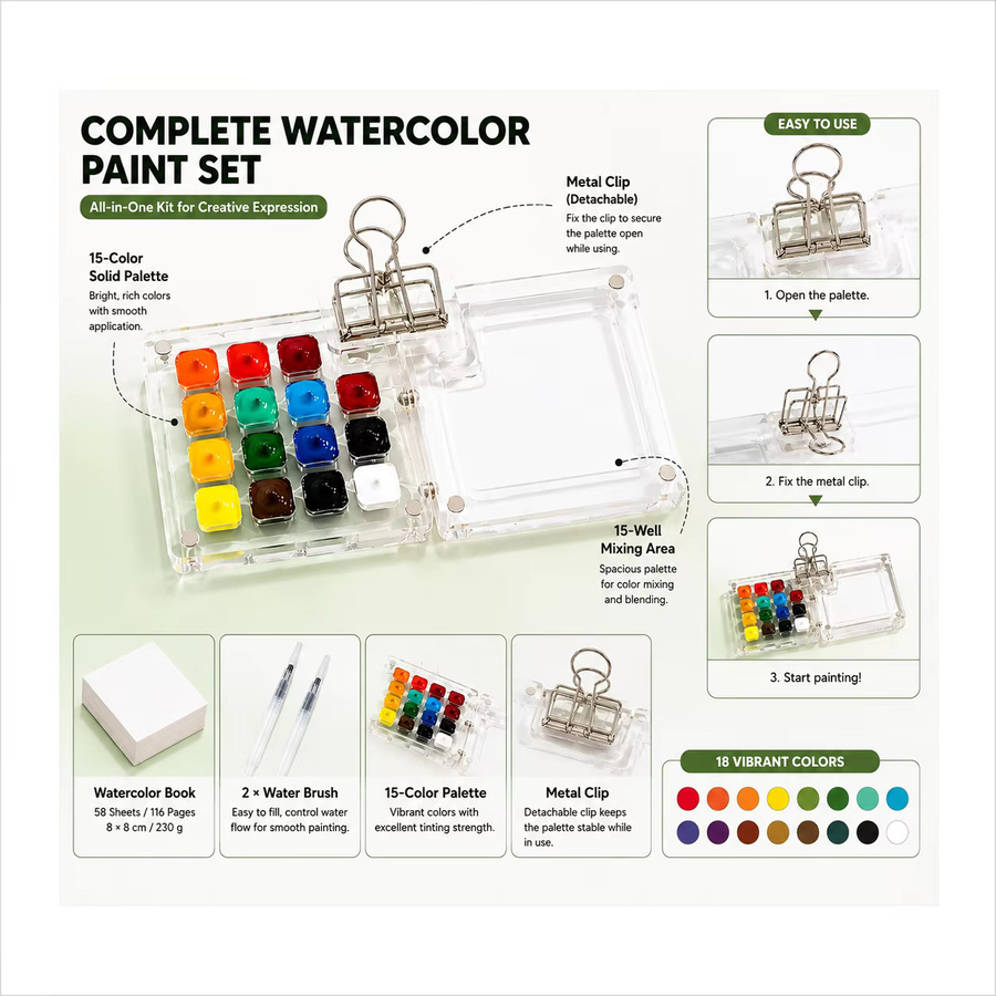 Mini-Reise Aquarellfarben-Set mit 18 Farben, Skizzenbuch, Wasserpinseln und Palette in Multicolour - Bild 2