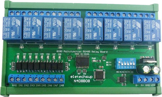 Eletechsup Modbus RTU Relaismodul mit 8 isolierten Eingängen und 8 Ausgängen, RS485 UART Steuerschalterplatine für DIN35 C45 Schienen, DC 12 V 24 V, Grün - Bild 1