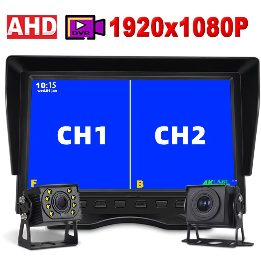 QXNY 10,1 Zoll 2CH AHD DVR Monitor Full HD 1080P mit Aufnahmefunktion für LKW, Bus und Wohnmobile, Dual Backup Rückfahrkamera System, Schwarz, 12/24V - Bild 2
