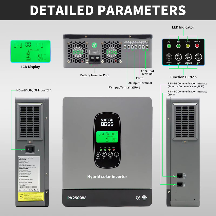 DATOUBOSS 12V 1800W Solar-Hybrid-Wechselrichter mit integriertem MPPT-Laderegler in Grau für Wohnmobile und netzunabhängige Stromversorgungssysteme - Bild 2