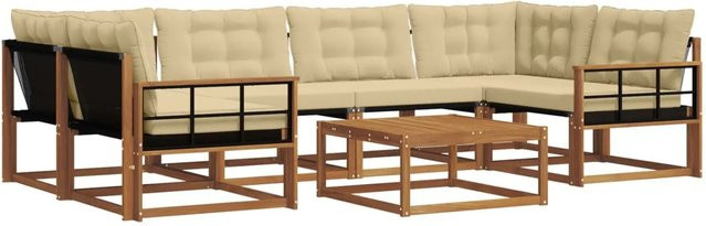vidaXL Outdoor-Sofagarnitur 7-teilig aus Akazienholz und Textilene in Natur und Beige mit L-Form und Kissen - Bild 1