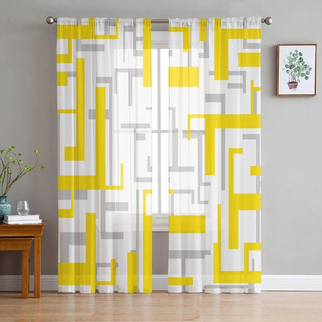 Transparentes Tüll-Fensterdekoration Voile von A Family Of Home Textiles mit geometrischem Grafikmuster in Gelb und Grau, Breite: 135 cm, Höhe: 137 cm - Bild 1