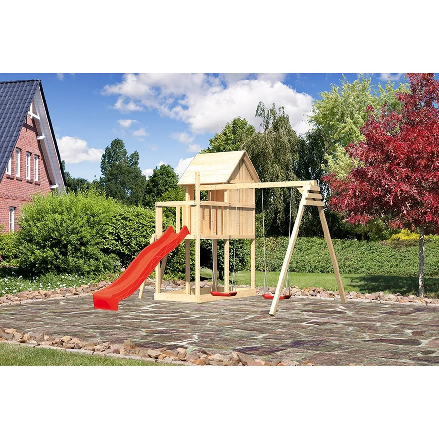 Karibu Kinderspielhaus Frieda Set mit Anbau und Rutsche in Natur und Rot - Bild 2