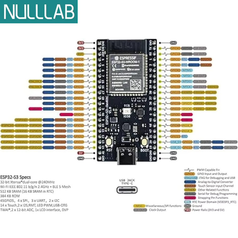 NullLab ESP32-S3 Entwicklungsboard mit WLAN und Bluetooth, USB-C Anschluss, Schwarz - Bild 5