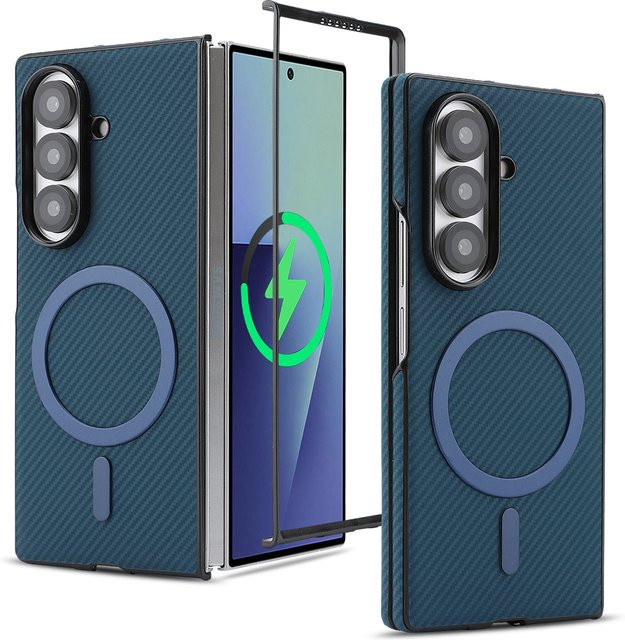Luxuriöse ultradünne Handyhülle aus Kohlefaser-Leder für Samsung Galaxy Z Fold in Blau mit Magnetic MagSafe Business Cover - Bild 1