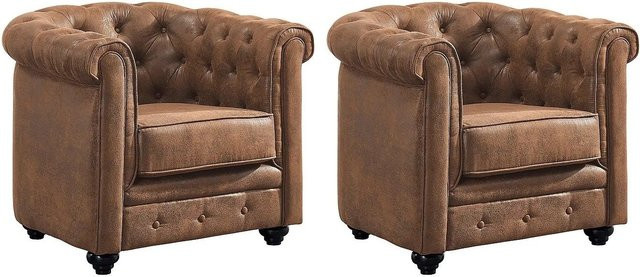 Vente-unique Chesterfield Sessel mit gerader Rückenlehne aus Microfaser in Braun, Höhe: 82 cm - Bild 1