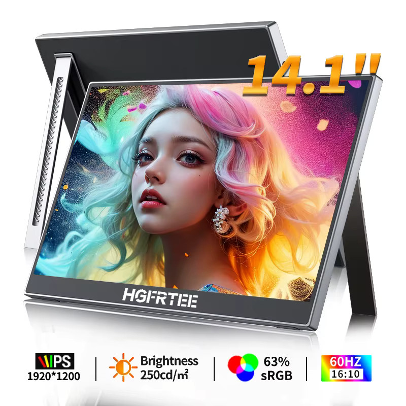 HGFRTEE Tragbarer 14,1 Zoll Monitor Full HD Zweitbildschirm für Laptop mit USB-C und Ständer, Schwarz - Bild 5