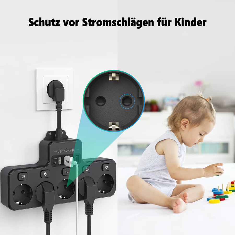 HITRENDS Steckdosenleiste in Schwarz mit individuellem Schalter, 2 USB-A und 2 USB-C Anschlüssen, 16 A, B/T/H: 23,0 x 12,5 cm - Bild 3