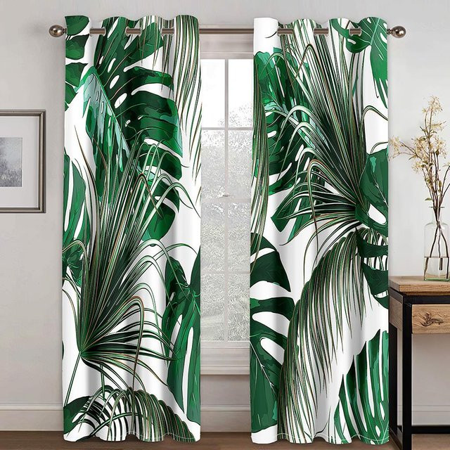 2er-Set semi-transparente Vorhänge von A Family Of Home Textiles mit tropischem Abalone-Blatt-Druck in Weiß, Breite: 50 cm, Höhe: 130 cm - Bild 1