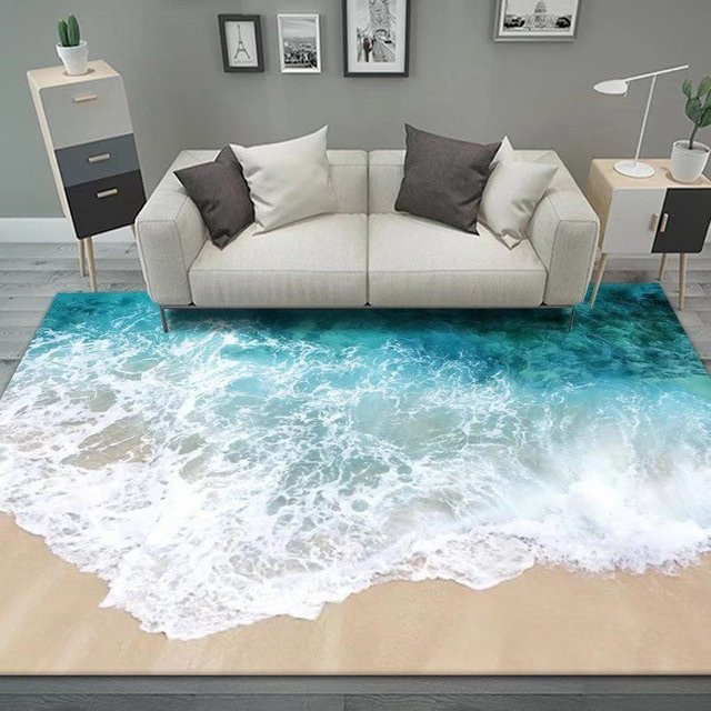 WTEMPO 3D-Bodenmatte Strandwellen in Blau, rutschfest und waschbar, B/T: 160 x 120 cm - Bild 1