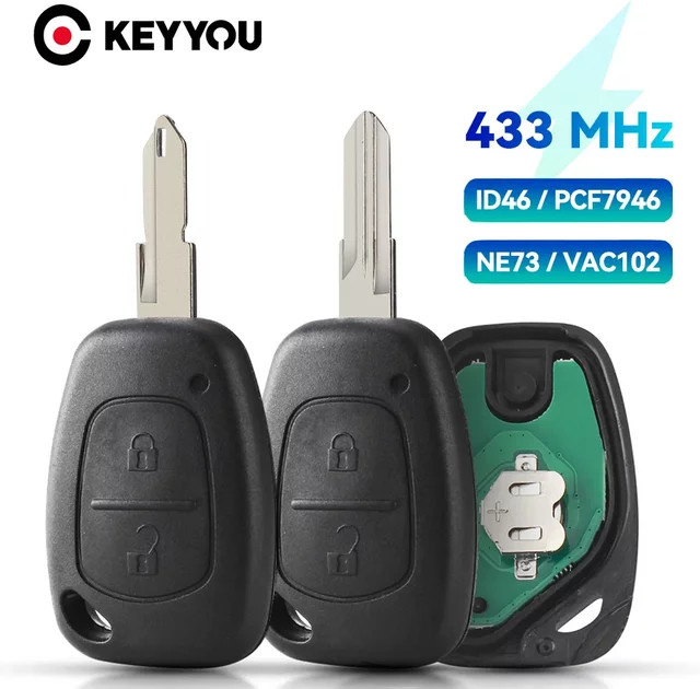 Keyyou Fernbedienung für Renault Traffic Master Vivaro Movano Kangoo mit ID46 Schlüssel 433MHz und 2 Tasten in Schwarz - Bild 1