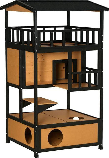 PawHut Katzenhaus aus Tannenholz in Schwarz, wetterfest mit erhöhtem Boden, B/H/T: 75 x 137 x 75,5 cm - Bild 1
