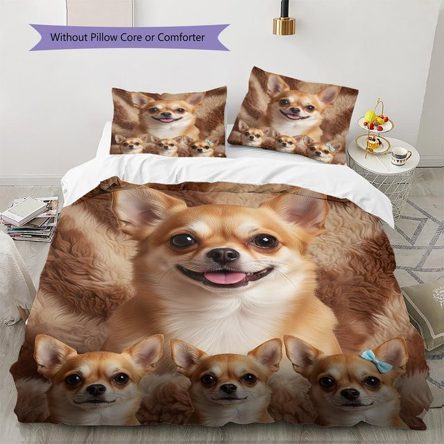 Bettwäsche Set mit Chihuahua und Pudel Hundemuster von Dear YuZong in Braun, bestehend aus 1 Bettbezug und 2 Kissenbezügen, B/T/H: 155 x 200 cm - Bild 1
