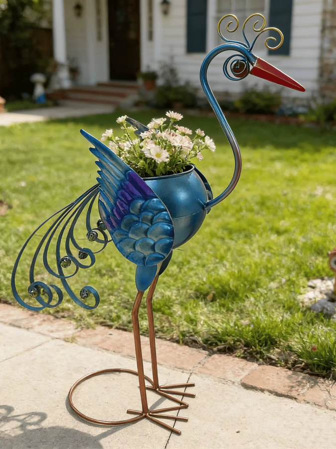 Pfauenförmiger Metall-Blumentopf für den Außenbereich als freistehende Garten-Skulptur und Dekoration - Bild 6