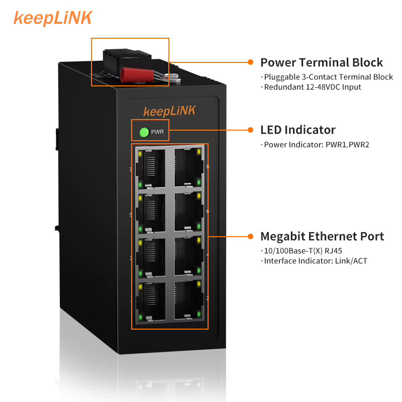 KeepLiNK Industrial 8-Port Ethernet-Switch 10/100 Mbit/s in Schwarz mit robustem Metallgehäuse IP40 und DIN-Schienenmontage - Bild 2