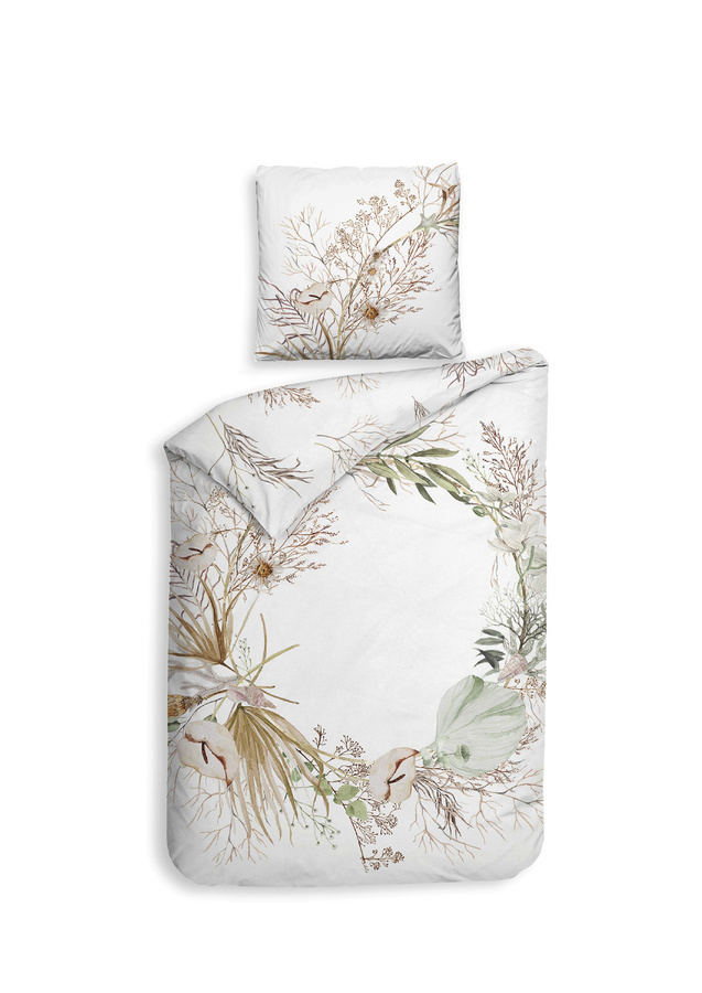 Heckett & Lane Mako-Satin Bettwäsche aus Baumwolle Coralline White Blütenkranz Gräser B/H: 155 x 220 cm mit 2 Kissen 80 x 80 cm - Bild 1