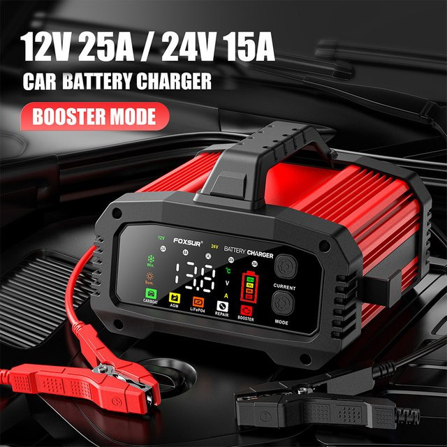Tragbares Smart Auto Batterie Ladegerät mit Puls Reparatur Funktion für 12V-24V Blei-Säure, AGM, Gel und LiFePO4 Batterien in Rot - Bild 1