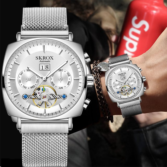 SKROX Armbanduhr, Automatik, Edelstahl, Silber, Milanaise, Eckig, Herren - Bild 1