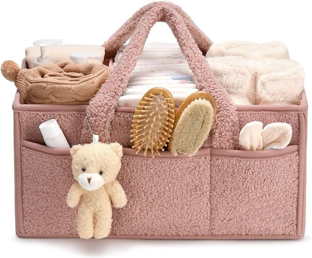 Baby-Windel-Caddy-Organizer mit Teddybär als Wickeltisch-Aufbewahrungskorb in Grün und Pink - Bild 1