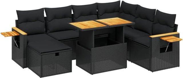 vidaXL 8-teilige Garten-Sofagarnitur mit Kissen aus Poly-Rattan und Akazienholz in Schwarz - Bild 1