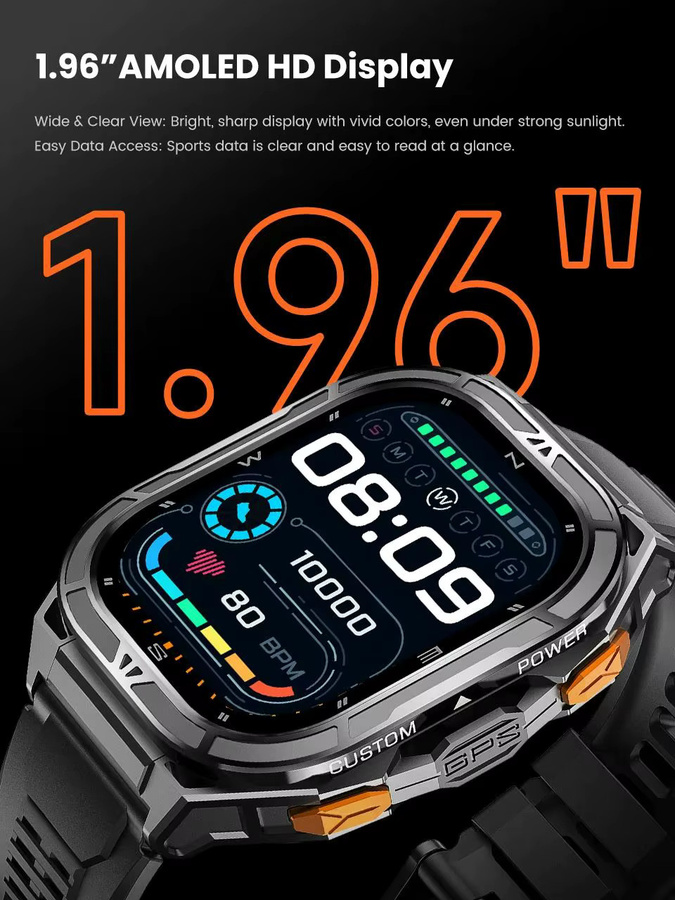 Uhoofit Smartwatch mit 1,96 Zoll AMOLED Display, GPS, Bluetooth Anruffunktion, Herzfrequenz- und Schlafüberwachung, 5ATM Wasserdicht, Unisex, Farbe: Schwarz/Silber - Bild 2