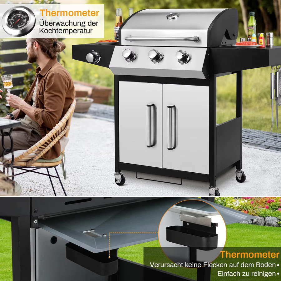 Homfa Propangasgrill mit 3+1 Brennern aus Edelstahl in Silber und Schwarz mit Beistelltisch und Seitenbrenner - Bild 3