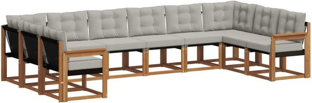 vidaXL Outdoor-Sofagarnitur 10-teilig in U-Form aus Akazienholz mit Textilene und Kissen, Natur und Hellgrau - Bild 1