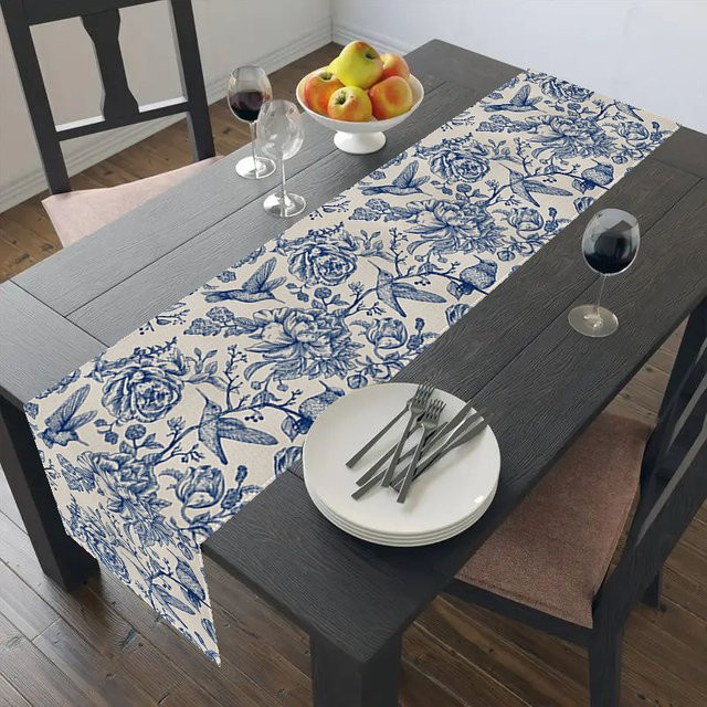 ZZN Tischläufer aus Leinen mit Vogel- und Blumenmuster in Blau/Mehrfarbig, B/H: 183 x 33 cm - Bild 1