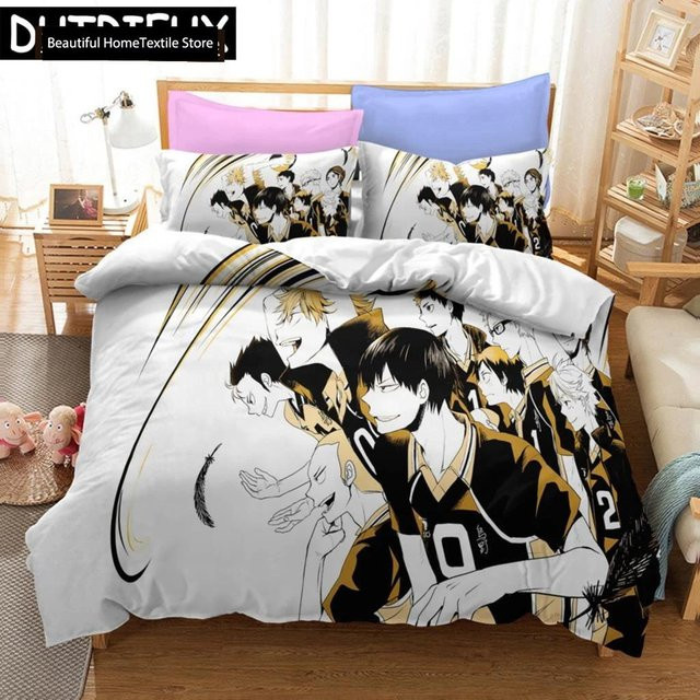 Haikyuu Bettwäsche Set mit 3D Anime Design aus Polyester, bestehend aus Bettbezug und Kissenbezügen, Mehrfarbig, B/H: 133 x 70 cm - Bild 1
