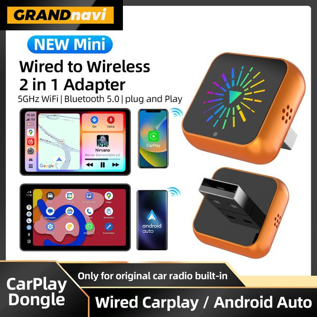 Grandnavi 2in1 Wireless CarPlay und Android Auto AI Smart Box Dongle in Orange für Audi, Toyota, Mazda, Nissan, Kia, Ford, Opel und Skoda - Bild 1