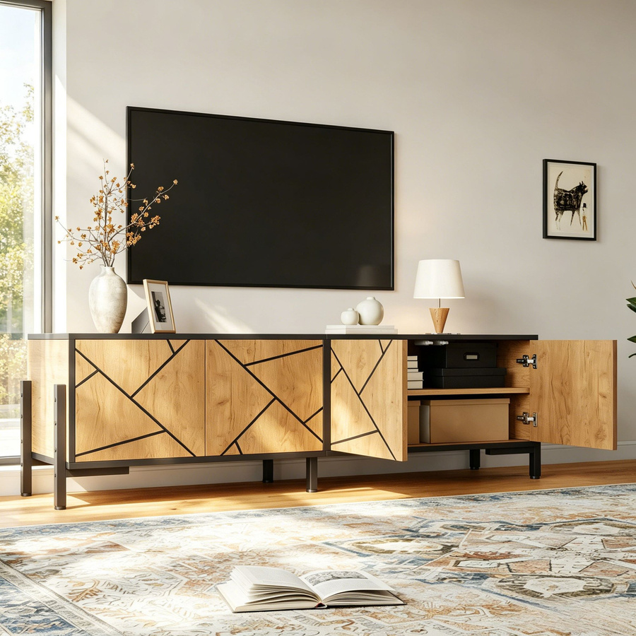 Modernes Lowboard TV-Schrank PD1 mit geometrischem Design in Braun und Schwarz, B/T/H: 153 x 40 x 50 cm - Bild 2