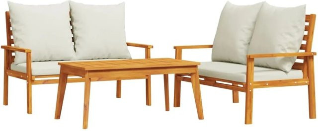 vidaXL 3-tlg Garten-Lounge-Set aus Massivholz Akazie mit Kissen in Braun, Beige und Weiß - Bild 1