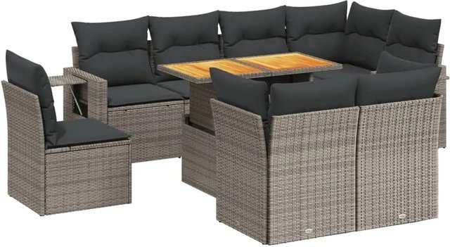vidaXL 9-tlg Garten-Sofagarnitur in L-Form aus Poly-Rattan und Akazienholz mit Kissen in Grau - Bild 1