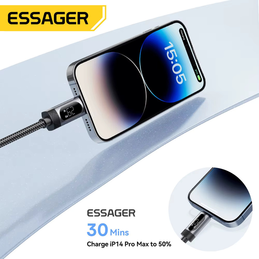 Essager USB-C-Kabel mit Digitalanzeige für PD 29 W Schnellladung, kompatibel mit iPhone 14 13 12 11 Pro Max, iPad und MacBook, in Schwarz oder Grau - Bild 3