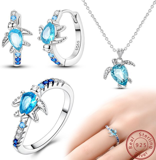 Qikaola Schmuckset, 925 Silber, blaue Schildkröte, Damen - Bild 1