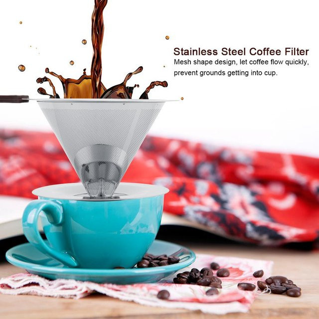 Wiederverwendbarer Kaffeefilter aus Edelstahl mit Doppelschicht-Sieb und Tassenständer von mfySpace in Rot und Silber - Bild 1
