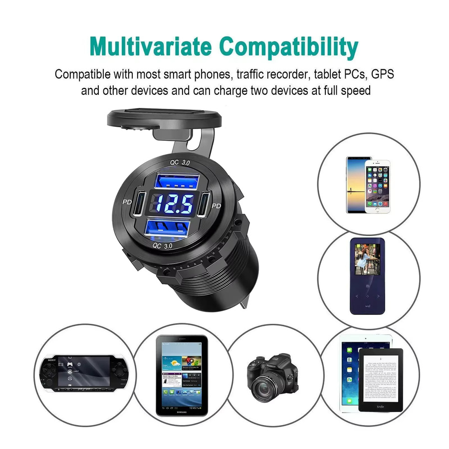 96W Dual USB Auto Ladegerät mit PD und QC3.0, USB-C, Voltmeter und Steckdose, wasserdicht für 12V/24V Auto, Boot, Lkw und Motorrad, Schwarz - Bild 4